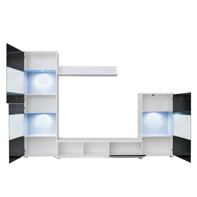HANDEWITT 2 nappali szekrénysor LED világítással - fehér / fényes fekete