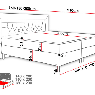 DEBLIN boxspring ágy LED világítással 180x200 - szürke + INGYENES topper