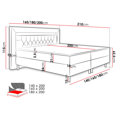 DEBLIN boxspring ágy LED világítással 180x200 - szürke + INGYENES topper