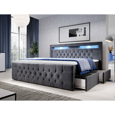 DEBLIN boxspring ágy LED világítással és négy fiókkal 180x200 - szürke + INGYENES topper