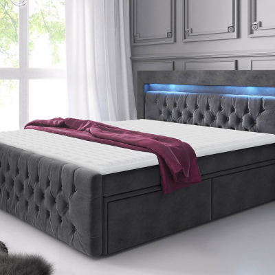 DELBIN boxspring ágy LED világítással és két fiókkal 180x200 - szürke + INGYENES topper