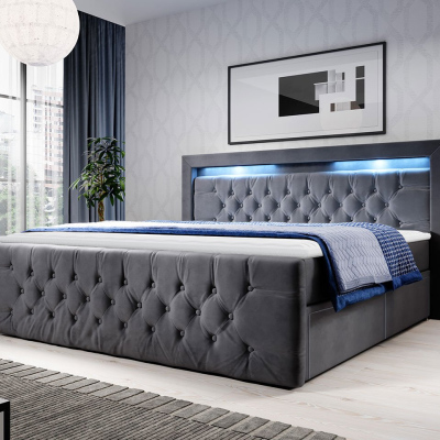 DELBIN boxspring ágy LED világítással és két fiókkal 180x200 - szürke + INGYENES topper