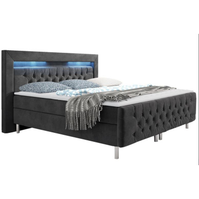 DELBIN boxspring ágy LED világítással 180x200 - szürke + INGYENES topper