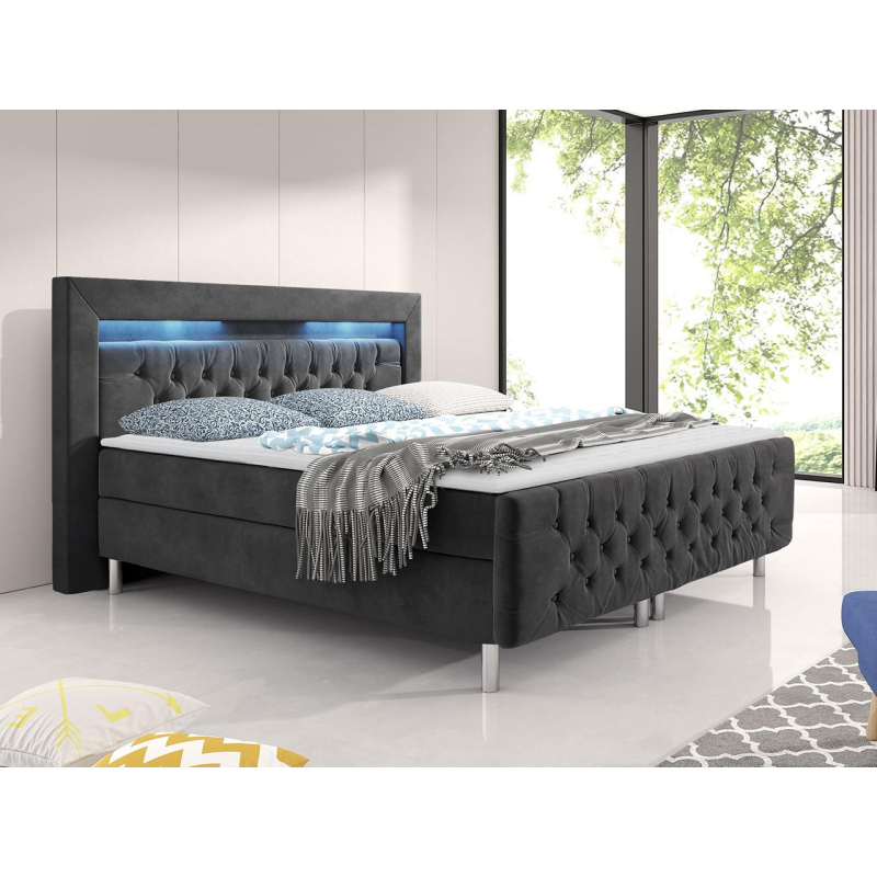 DELBIN boxspring ágy LED világítással 180x200 - szürke + INGYENES topper