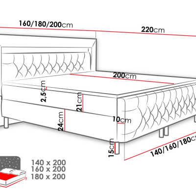 DELBIN boxspring ágy LED világítással 180x200 - szürke + INGYENES topper