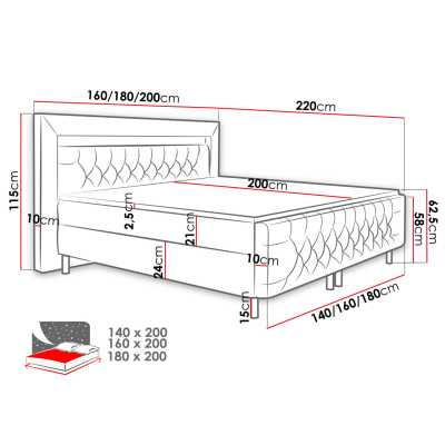 DELBIN boxspring ágy LED világítással 180x200 - szürke + INGYENES topper