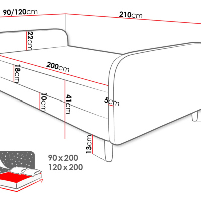 PELLO 3 egyszemélyes kárpitozott ágy fejtámlával 120x200 - rózsaszín