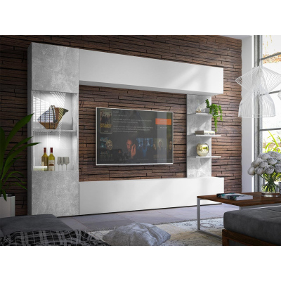 FORDE modern nappali szekrénysor LED világítással - beton / fehér