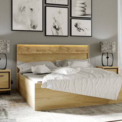 Hálószoba szett LED világítással és ággyal 160x200 SUCRE 2 - hikori dió / tölgy / fekete lábak