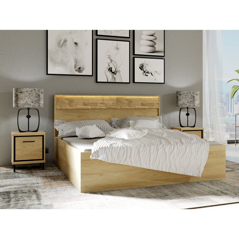Hálószoba szett LED világítással és ággyal 160x200 SUCRE 2 - hikori dió / tölgy / fekete lábak