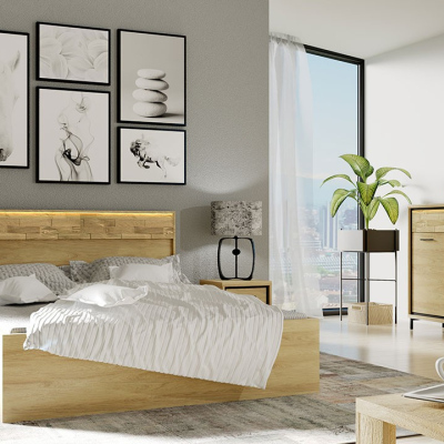 Hálószoba szett LED világítással és ággyal 160x200 SUCRE 1 - hikori dió / tölgy / fekete lábak