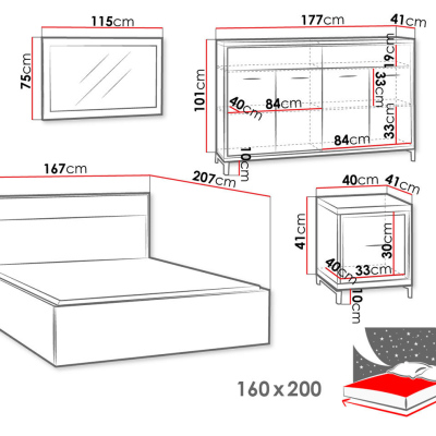 Hálószoba szett ággyal 160x200 SUCRE 1 - hikori dió / tölgy / fekete lábak