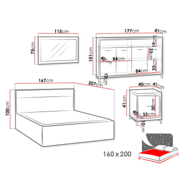 Hálószoba szett ággyal 160x200 SUCRE 1 - hikori dió / tölgy / fekete lábak