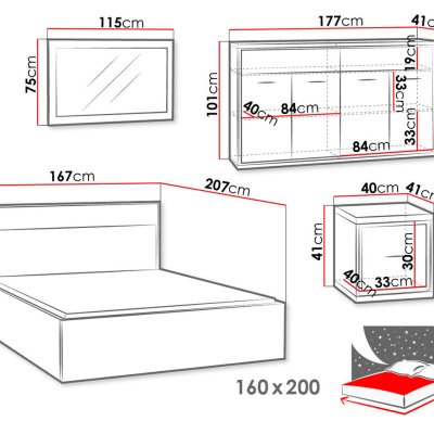 Hálószoba szett LED világítással és ággyal 160x200 SUCRE 1 - hikori dió / tölgy