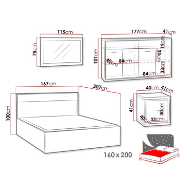 Hálószoba szett LED világítással és ággyal 160x200 SUCRE 1 - hikori dió / tölgy