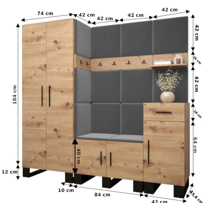 RUMIE 1 előszobagarnitúra - artisan tölgy, rózsaszín panelek