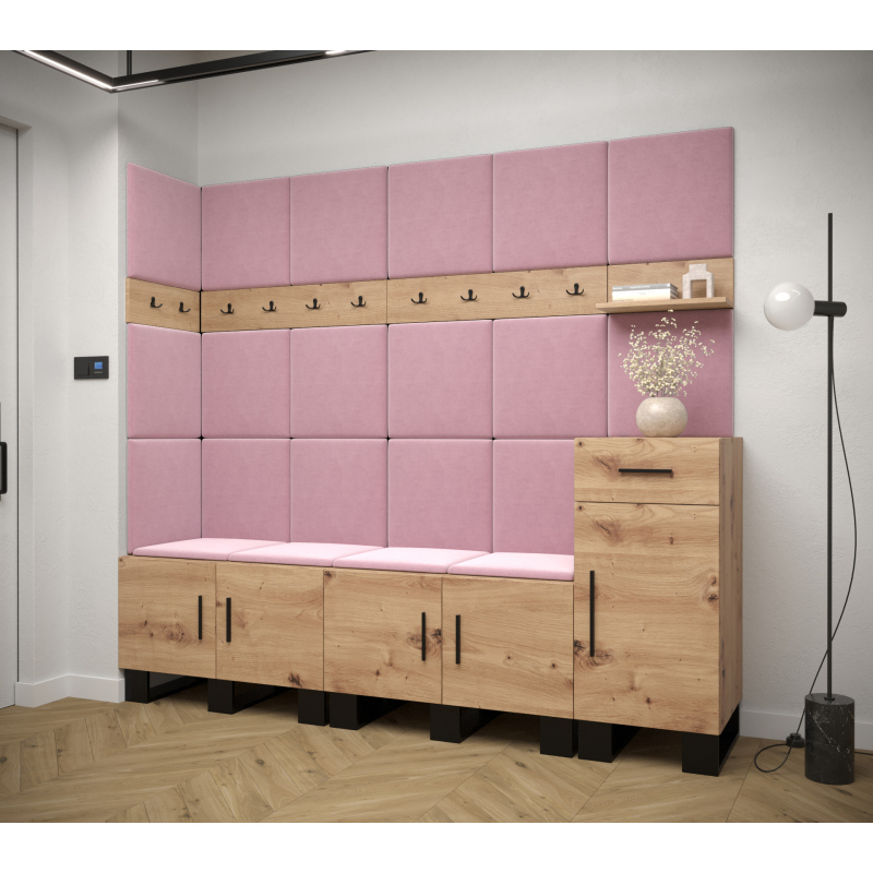 RUMIE 9 előszoba szett - artisan tölgy, rózsaszín panelek
