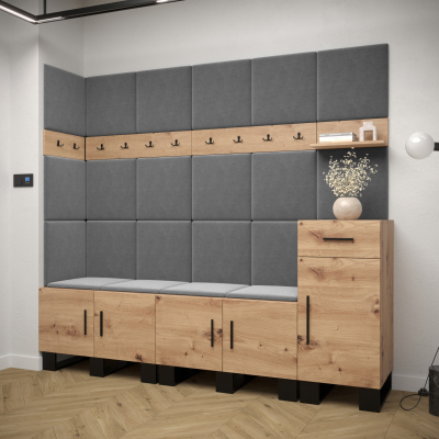 RUMIE 9 előszobagarnitúra - artisan tölgy, szürke panelek