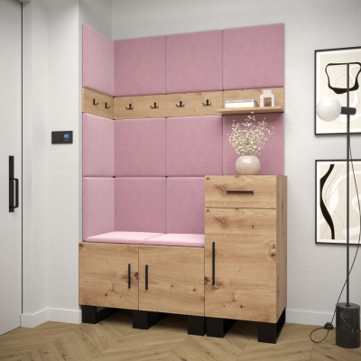 RUMIE 10 előszobagarnitúra - artisan tölgy, rózsaszín panelek