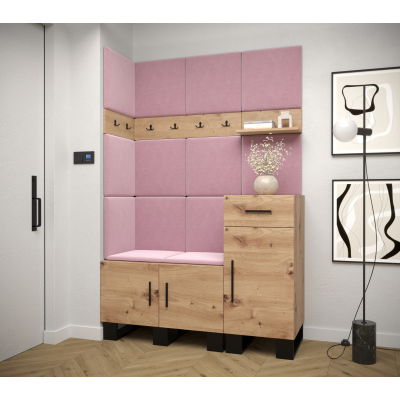 RUMIE 10 előszobagarnitúra - artisan tölgy, rózsaszín panelek