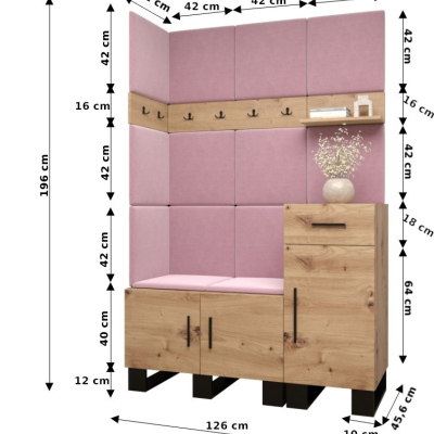 RUMIE 10 előszobagarnitúra - artisan tölgy, rózsaszín panelek