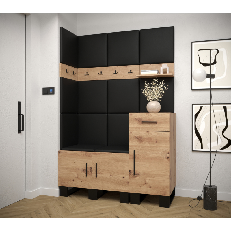 RUMIE 10 előszoba garnitúra - artisan tölgy, fekete ökobőr panelek