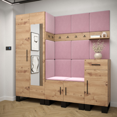RUMIE 13 előszobagarnitúra - artisan tölgy, rózsaszín panelek