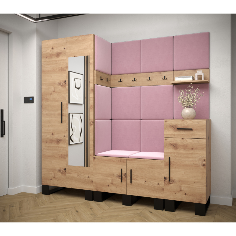 RUMIE 13 előszobagarnitúra - artisan tölgy, rózsaszín panelek
