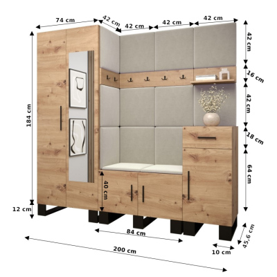 RUMIE 13 előszobagarnitúra - artisan tölgy, rózsaszín panelek