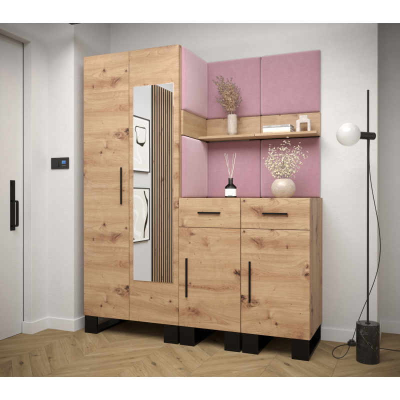 RUMIE 15 előszobagarnitúra - artisan tölgy, rózsaszín panelek