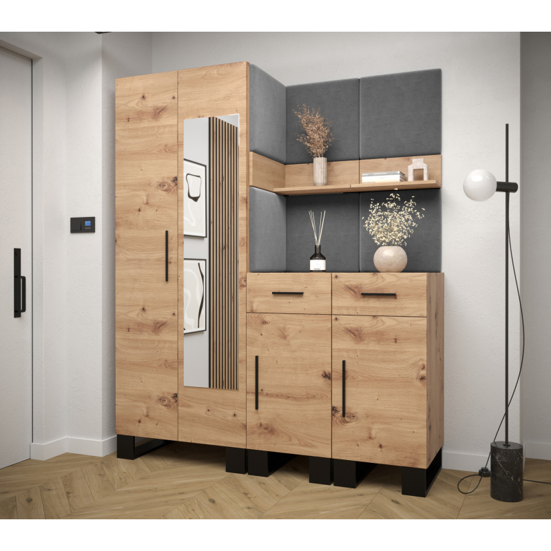 RUMIE 15 előszobagarnitúra - artisan tölgy, szürke panelek