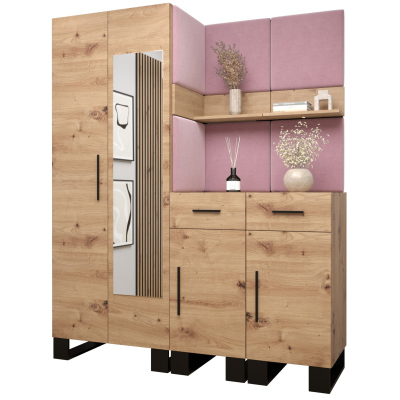 RUMIE 15 előszobagarnitúra - artisan tölgy, rózsaszín panelek