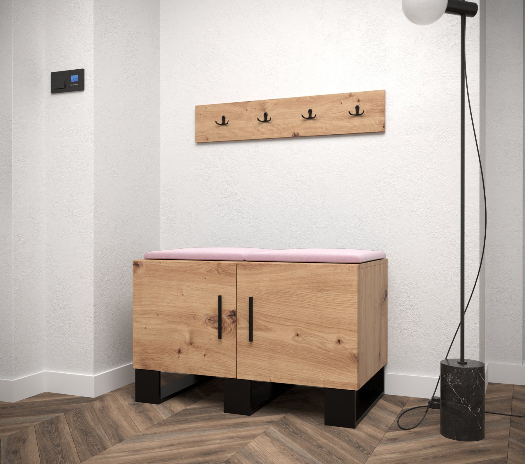 RUMIE 21 előszoba garnitúra - artisan tölgy, rózsaszín panelek