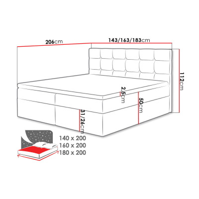 CAROLA boxspring ágy 160x200 - szürke + INGYENES topper