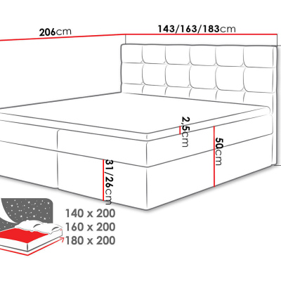 CAROLA boxspring ágy 140x200 - szürke + INGYENES topper