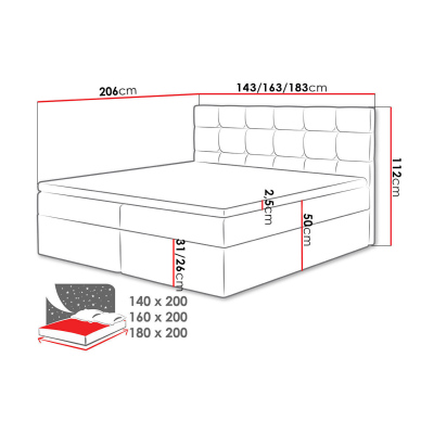 CAROLA boxspring ágy 140x200 - szürke + INGYENES topper