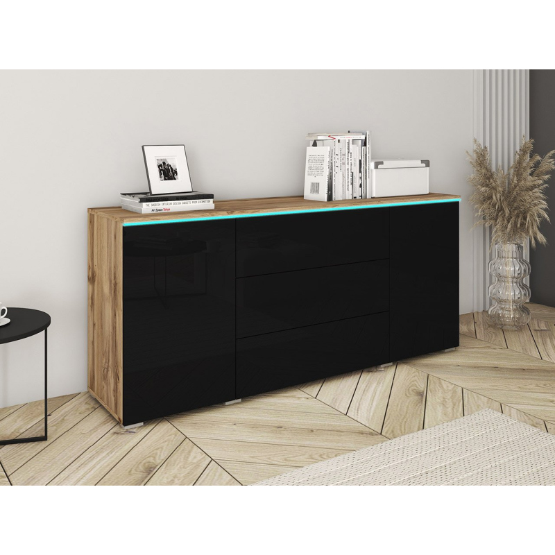 Kombinált fiókos szekrény RGB LED világítással AKASURI - wotan tölgy / fényes fekete