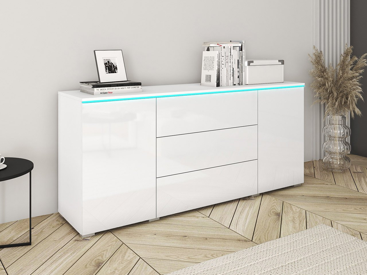 AKASURI kombinált komód RGB LED világítással - fehér / csillogó fehér