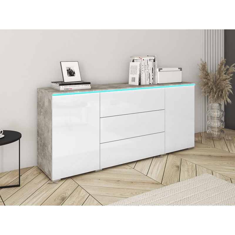 Kombinált fiókos szekrény RGB LED világítással AKASURI - beton / fényes fehér