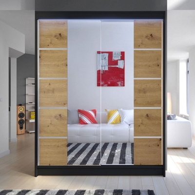 Tükrös gardrób 150 cm LED világítással PIRITU 5 - fekete / artisan tölgy