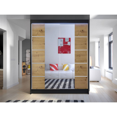 Tükrös gardrób 150 cm LED világítással PIRITU 5 - fekete / artisan tölgy