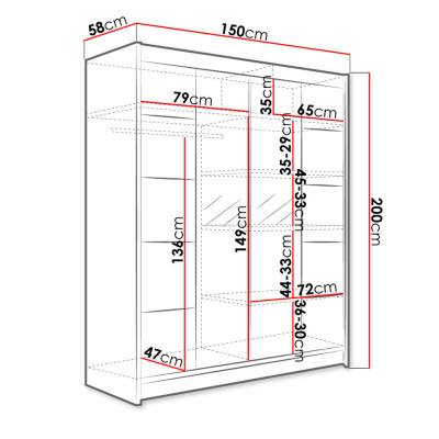 Tükrös gardrób 150 cm LED világítással PIRITU 5 - fehér / artisan tölgy
