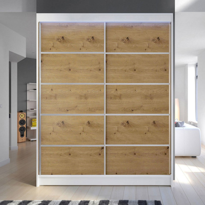 Gardróbszekrény 150 cm tolóajtókkal és LED világítással PIRITU 4 - fehér / artisan tölgy