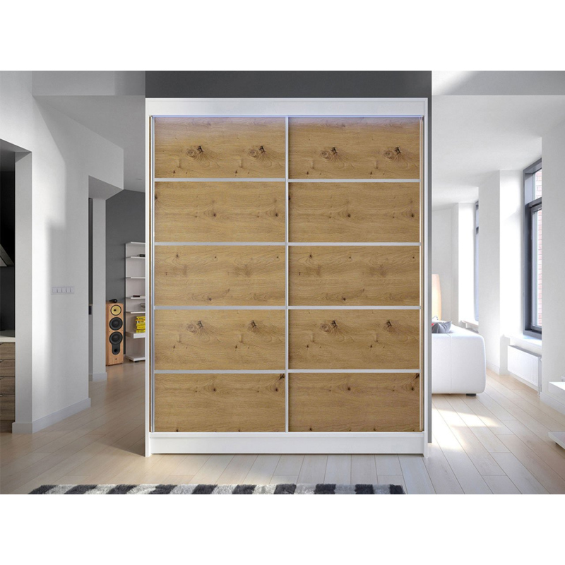 Gardróbszekrény 150 cm tolóajtókkal és LED világítással PIRITU 4 - fehér / artisan tölgy