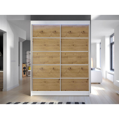 Gardróbszekrény 150 cm tolóajtókkal és LED világítással PIRITU 4 - fehér / artisan tölgy