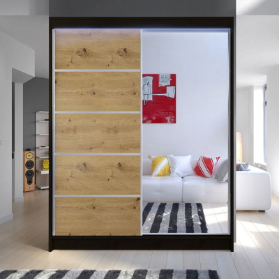 PIRITU 3 tükrös gardróbszekrény LED világítással 150 cm - fekete / artisan tölgy