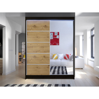 PIRITU 3 tükrös gardróbszekrény LED világítással 150 cm - fekete / artisan tölgy