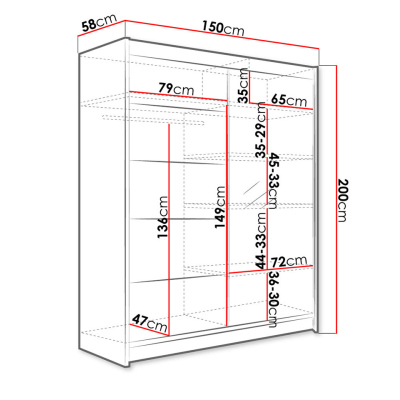 PIRITU 3 tükrös gardróbszekrény LED világítással 150 cm - fekete / artisan tölgy