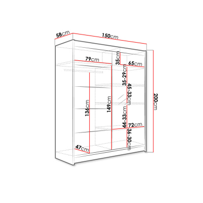PIRITU 3 tükrös gardróbszekrény LED világítással 150 cm - fekete / artisan tölgy