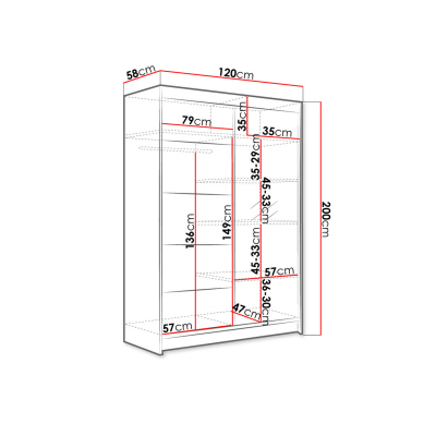 SAMANRE 3 gardróbszekrény 120 cm LED RGB világítással - fekete / artisan tölgy